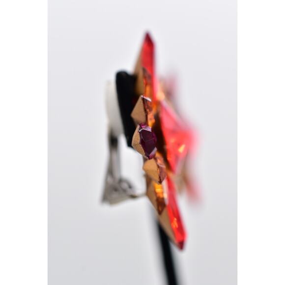 Vintage Crystal Clip On Earrings Rhinestone Orange Purple Red Chunky 1980s BinAF - Picture 8 of 12